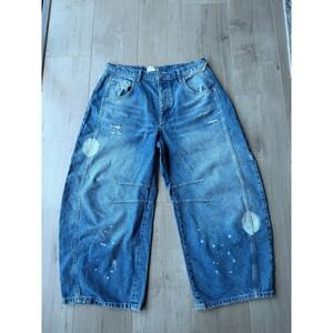 We The Free Free People Barrel Leg Distressed Paint Splatter Jeans Blue Size 30